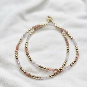 Semi-Precious Pink Sunstone, Quartz & Gold Filled Beaded Wire Wrap Bracelet